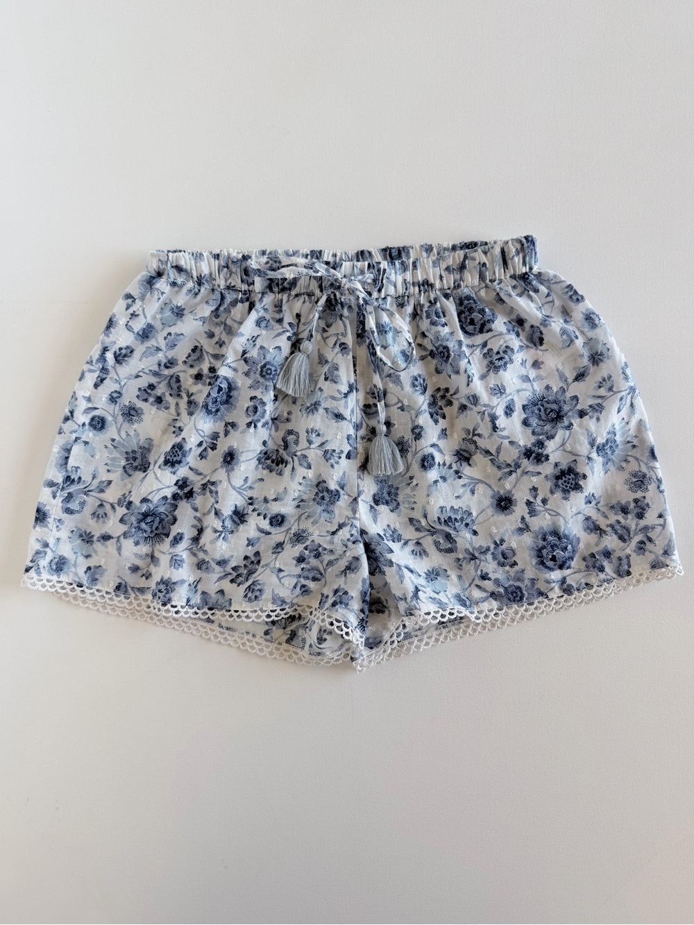 Haute Hippie White and Blue Floral Lace-Trim High Waist Shorts